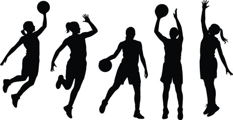 Dynamic basketball player silhouettes in action poses, showcasing athletic movement, energy, teamwork, and sports performance for competitive game illustration design. © anisur-creatives