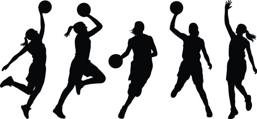 Dynamic silhouettes of basketball players in action poses dribbling, shooting, and jumping with energy, perfect for sports vector illustration content. © anisur-creatives