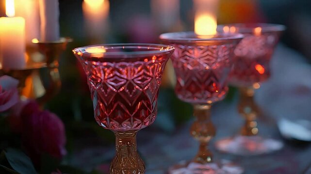 Romantic close up of elegant crystal goblets and glowing candles on a beautifully decorated table setting.