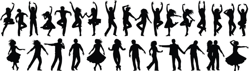 Dancing people silhouette collection, energetic men and women dancing isolated on white background celebration music party lifestyle concept