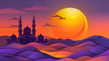 Obraz premium A stunning digital illustration of a mosque against a vibrant sunset, depicting a serene Islamic landscape
