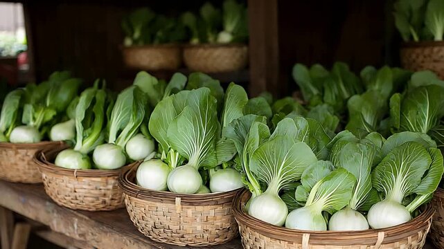 Freshly harvested green bok choy vegetables displayed in traditional woven baskets at a market stall.