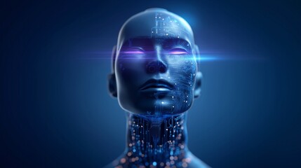 Obraz premium A humanoid figure stands against a dark backdrop, its surface adorned with intricate digital patterns. Glowing eyes add an air of mystery, symbolizing the fusion of humanity and technology