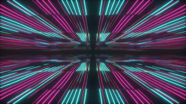 ネオンピンクと水色のデジタルラインが中央へ収束するサイバーパンク風のループ動画