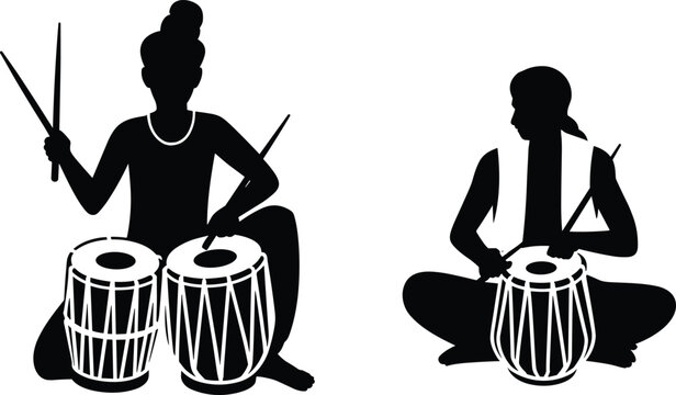 Traditional Indian percussion silhouettes illustration, tabla and dholak players seated cross-legged, cultural drumming artwork, heritage music ensemble, folk performance concept