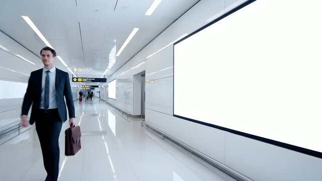Diverse Business Travelers Walking Through Modern Airport Terminal with Blank Billboard whitescreen. AI Generative