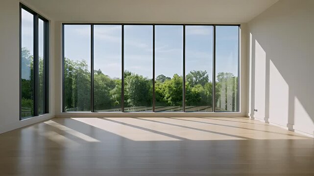 Bright open space with large windows offering a lush green view