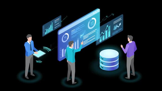 Team of professionals analyzing data on futuristic holographic interface.