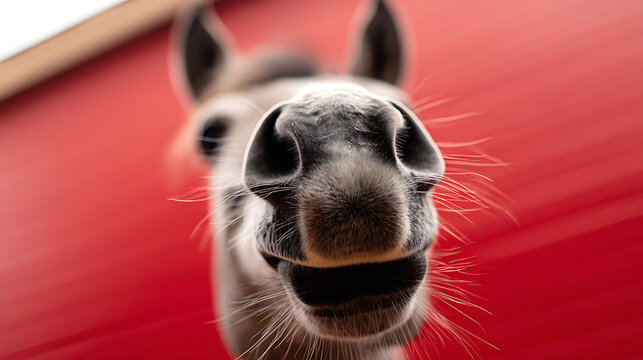 Close-Up Horse Portrait: Equine Charm, Rural Scene, and Farm Life on Display in a Captivating and Curious Animal Encounter with an Amusing Perspective
