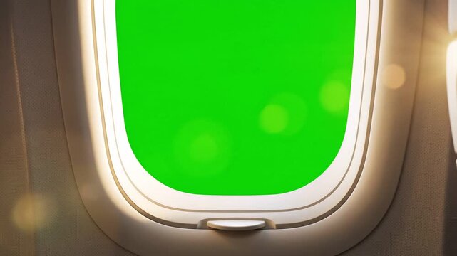 4K shot commercial airplane cabin window with glass pane is green screen for travel destination or sky footage outside.