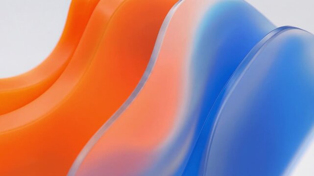 Orange and blue translucent wave shapes flowing and bending across a soft gradient background in motion