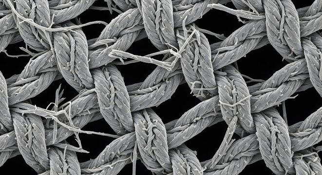 Close-up Scanning Electron Microscope Image of Woven Fabric Fibers.