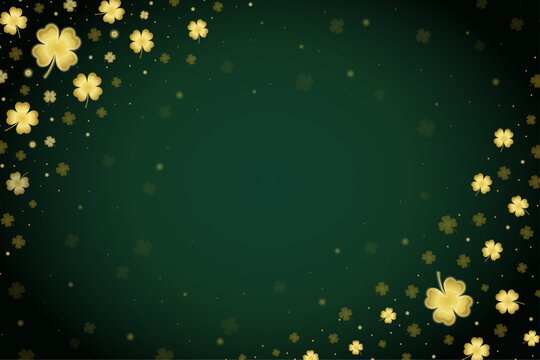 Elegant St. Patrick&rsquo;s Day Background with Gold Shamrock Confetti and Four-Leaf Clovers on Dark Green Textured Backdrop