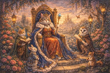 Majestic Cat Queen in Enchanted Garden &ndash; Fantasy Royal Animal Illustration