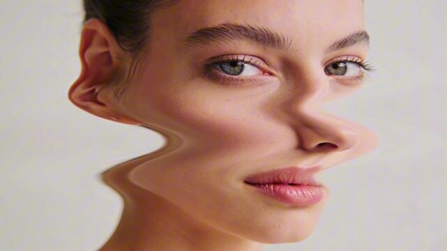 Close-up female portrait with horizontal reality warp distortion and wave shift effect in minimalist neutral studio background