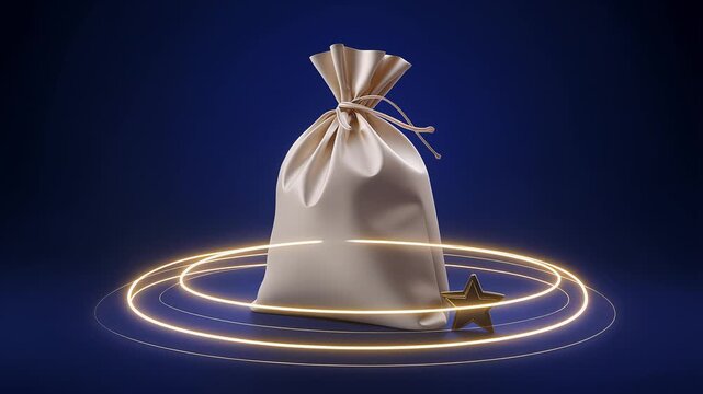 White Gift Bag With Glowing Golden Rings On Blue Background