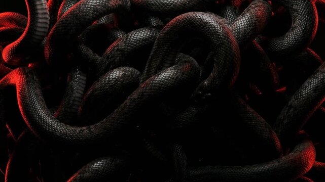 Coiled black snake writhing and intertwining in a dark background with dramatic red rim lighting