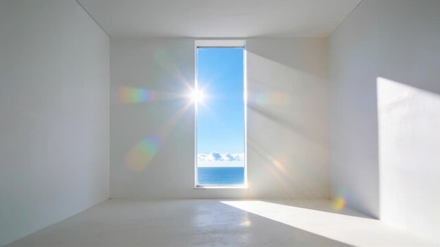 Bright sunlight streams through a rectangular window in a minimalistic white room, illuminating the interior and creating reflections on the floor with ocean view visible outside