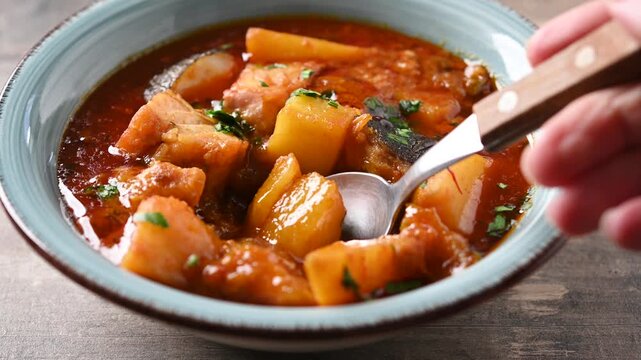 Eating cod with potatoes Traditional Spanish dish on wooden table