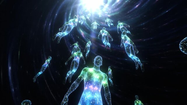 Glowing human figure drifting through a swirling space tunnel toward bright light, leaving luminous energy trails