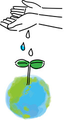 ESGイメージ、地球に水を与える手の手描き線画