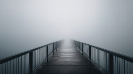 Obraz premium Mystical Narrow Bridge Disappearing Into Fog with Subtle Lighting and Low Resolution Capturing an Enigmatic Atmosphere