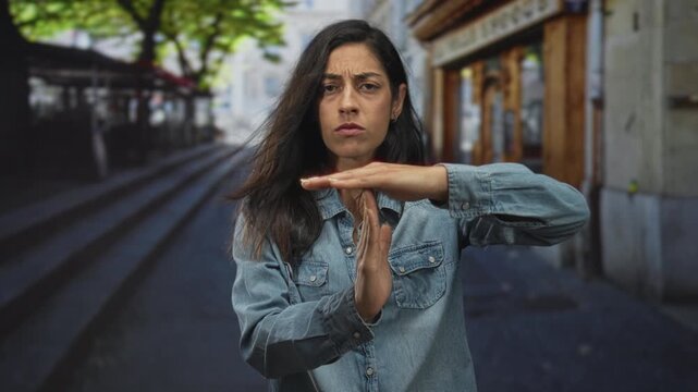 Woman makes timeout gesture with hands and palms raised in denim shirt on urban street near steps and storefronts; boundary setting frustration.