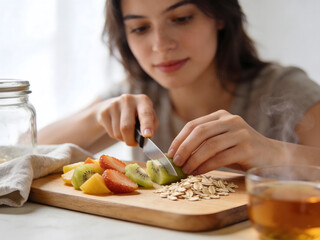 Woman slicing kiwi on cutting board with fruit and oats for breakfast graphic design