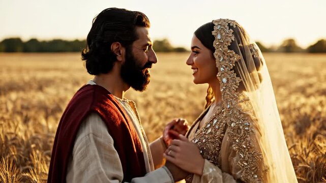 Isaac and Rebekah together in a golden wheat field at sunset. Biblical couple holding hands in the land of Canaan. Genesis narrative of the patriarch and matriarch