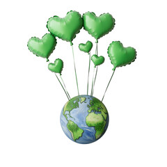 Earth globe with floating green heart-shaped leaf balloons isolated on transparent background