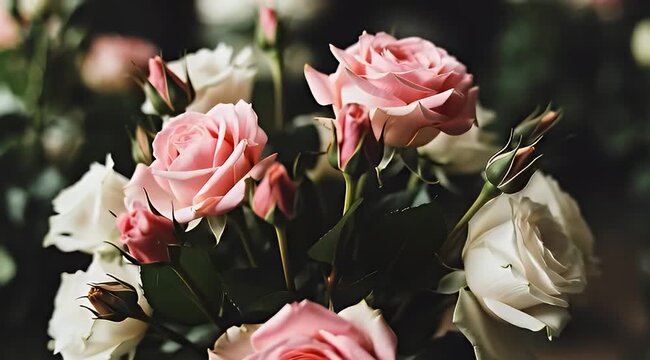Elegant bouquet of pink and white roses with lush green leaves