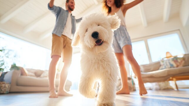 Playful fluffy dog running toward camera with happy couple dancing at home, joyful lifestyle scene