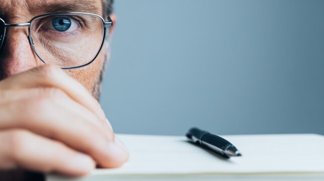 Close-up of man in glasses writing notes, focus on eye and pen on notebook