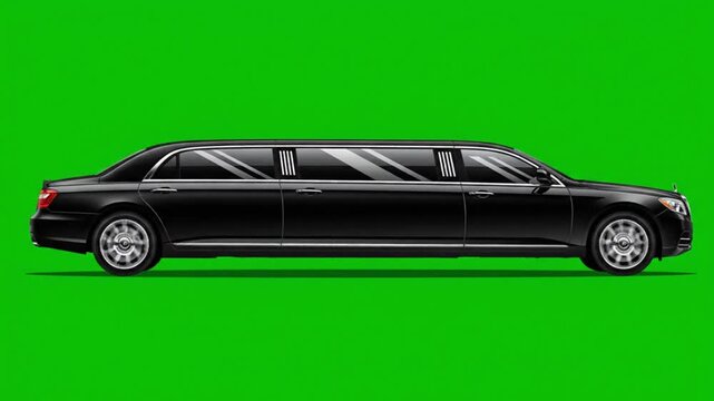 2D animation luxurious black limousine moving forward against a green screen background for luxury travel, VIP transport, or red carpet events.
