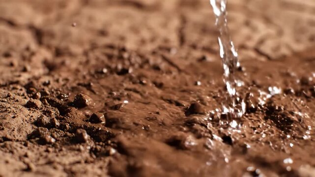 Water pouring onto cracked dry earth, creating mud and splashes