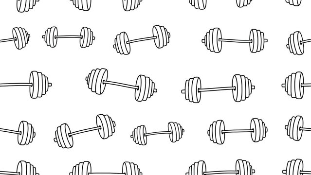 Seamless pattern of handdrawn cartoon dumbbells and barbells representing fitness exercise and strength training workout equipment on a white background
