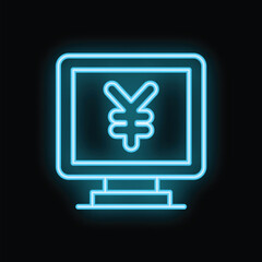 Obraz premium Neon blue glowing yen currency symbol displaying on a computer screen on a black background