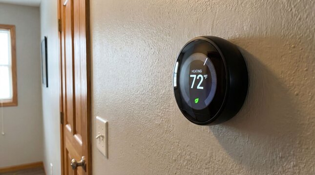 Nest smart thermostat displaying 72 degrees Fahrenheit heating on a residential wall