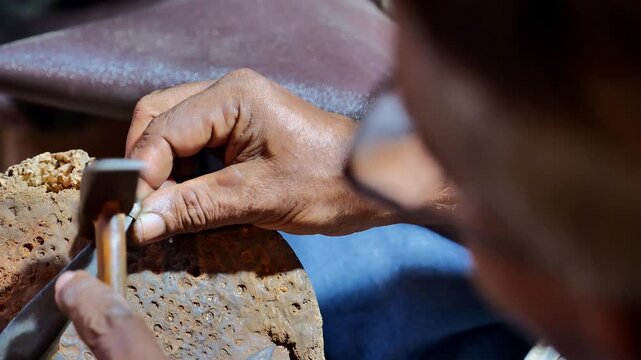 Jeweler hammering metal ring on mandrel over anvil in workshop, closeup craftsman hands shaping jewelry with hammer, traditional handmade craftsmanship concept
