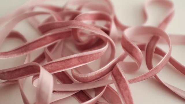Light ping velvet ribbon. Wedding, baby shower, birthday gift wrap decoration. Aesthetic elegant party decor or gift wrap.