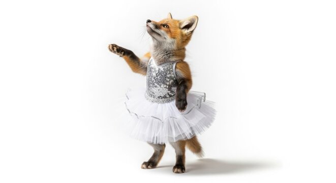 Whimsical red fox wearing white ballet tutu, adorable fox ballerina in silver sequin dress, funny animal performer in dance costume isolated PNG with Transparent Background