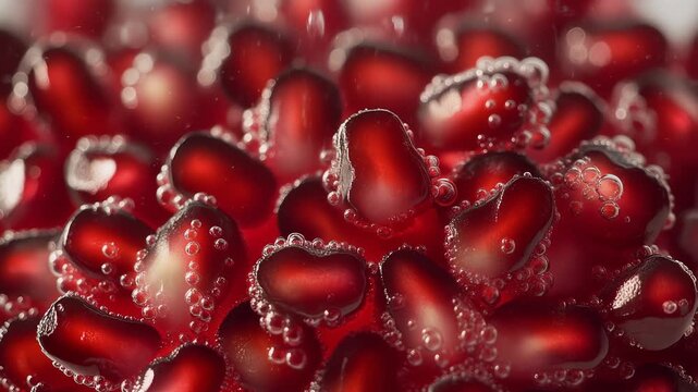 Macro Shot Of Fresh Pomegranate Seeds In Sparkling Water With Bubbles