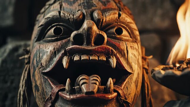 Ancient carved wooden mask with tribal patterns. Eyes and fanged mouth slowly opening. Illuminated by a flickering torch flame. Horror and ritual concept