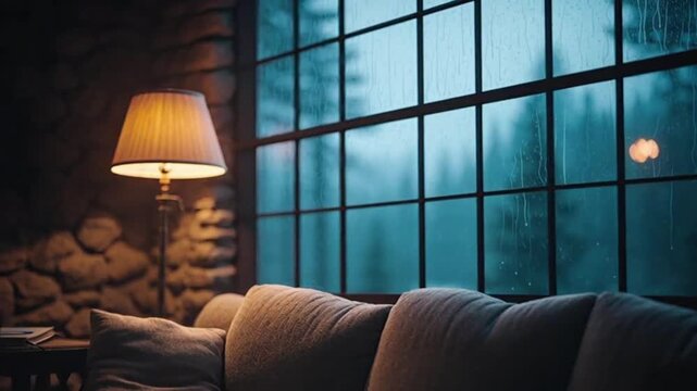 Cozy Rainy Day Interior Scene With Lamp and Window View, Relaxing Atmosphere Stock Footage
