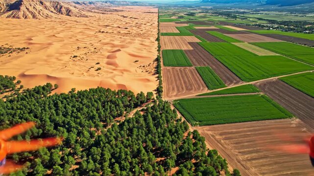 Desert contrasts lush forest, cultivated fields, and distant mountains