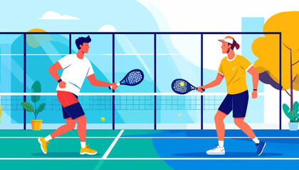 Obraz premium Flat design illustration of two men playing padel on a court with rackets and net