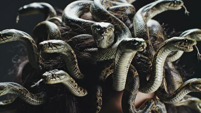 Medusa transformation. Hair turning into snakes. Mythical gorgon creature with serpents for hair. Horror and fantasy concept