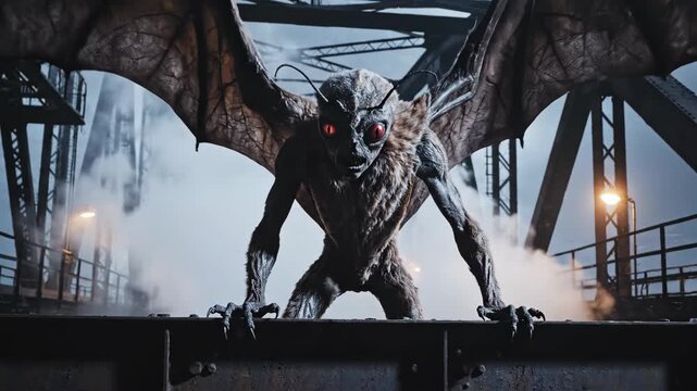 Mothman creature with glowing red eyes perched on a dark industrial bridge. Menacing winged monster in a foggy, eerie night scene. Horror and suspense concept