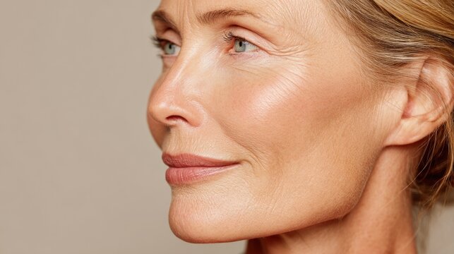 A mature woman poses with a side profile showcasing her skin. She looks ready for a beauty product advertisement