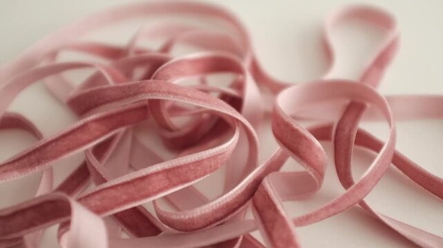 Light ping velvet ribbon. Wedding, baby shower, birthday gift wrap decoration. Aesthetic elegant party decor or gift wrap.